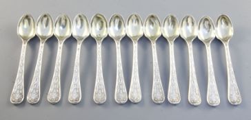 A set of 12 Victorian silver Elizabethan pattern quail egg spoons with silver-gilt bowls, maker's