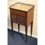 A French marble top kingwood bedside table, circa 1900, with three-quarter gallery, freize drawer