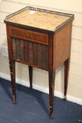 A French marble top kingwood bedside table, circa 1900, with three-quarter gallery, freize drawer