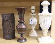 Two marble lamps, a brush pot and a vase H.21cm