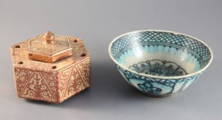 An Hispano Moresque style inkstand, with copper lustre decoration, and a Persian bowl, 7.25in.