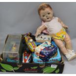 A group of tinplate 1960/1970's, and a doll