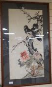 A Chinese silk panel of birds in prunus blossom, 35 x 18in.