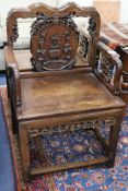 A pair of Chinese hardwood armchairs, c.1900-1920, W.2ft 1.5in. H.3ft 2in.