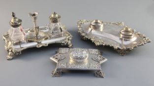 A silver inkstand, the centre well formed from an 18th century watch case, 9in., an Old Sheffield