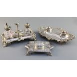 A silver inkstand, the centre well formed from an 18th century watch case, 9in., an Old Sheffield