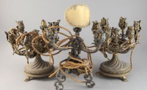 A pair of late Victorian ormolu 6-branch table lamps of foliate design and another similar lamp H.