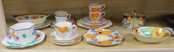 A collection of brightly designed Susie Cooper mostly for Gray's, trios, dishes etc