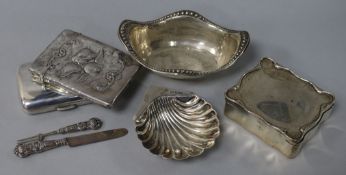 A George V silver trinket box, two silver dishes, two silver cases including Comyns card case and