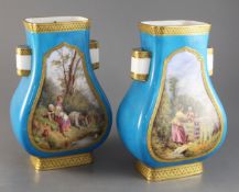 A pair of Minton porcelain flattened baluster vases, c.1880, painted with figures in pastoral