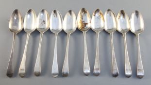 A set of ten George III silver Old English pattern dessert spoons, engraved with the Crewe crest,