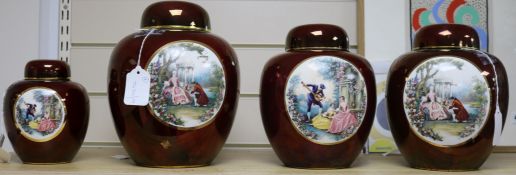 Four Carlton Ware Rouge Royale ginger jars and covers decorated with Fragonard-style scenes of