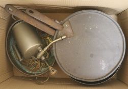 Three copper cooking pots, sixteen horse brasses, an Edwardian sprayer and a brass lamp