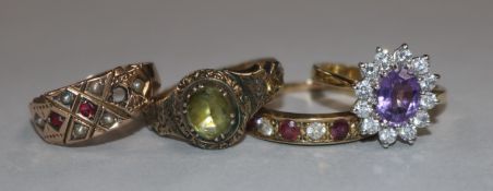 A 19ct century gold and gem set ring, two later 9ct gold and gem set rings and an 18ct gold and