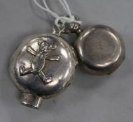 A late Victorian silver sovereign case and a later child's silver rattle (parts missing).