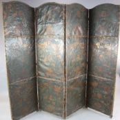 A Victorian four-fold dressing screen with embossed paper panels, and two similar screens.https://