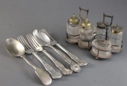 A quantity of assorted plated flatware, a group of assorted cruet stands and an oak canteenhttps://