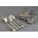 A quantity of assorted plated flatware, a group of assorted cruet stands and an oak canteenhttps://