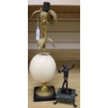 An ormolu egg candlestick and a bronze of a Pan, H.34cm