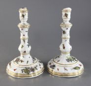 A pair of Meissen Marcolini period porcelain candlesticks decorated with bugs and flowers 9.5in.