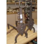 A pair of wrought iron andirons and chimney "Marmite" hook H.54cm, D.47cm