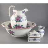 A Victorian Copeland Spode transfer printed toilet set, comprising a jug and bowl, a soap box and
