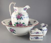 A Victorian Copeland Spode transfer printed toilet set, comprising a jug and bowl, a soap box and