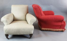 A pair of Victorian mahogany club armchairs, in the manner of Howard & Sons, with turned legs and