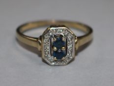 A 9ct gold sapphire and diamond ring, (shank broken), size R.