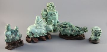A group of Chinese turquoise matrix carvings, comprising a boy on a buffalo, 5.5in. a brushwasher,