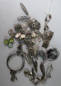 A small group of assorted mainly silver jewellery, including hardstone brooch and moss agate