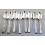 A set of eight George III silver Old English pattern dessert spoons, engraved with the Crewe