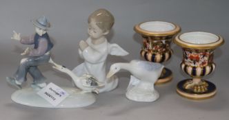 A pair of Davenport vases and three figures and vases, H.9.5cm