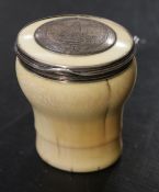 A silver mounted ivory snuff mull, English, dated 1748 the lid with a silver plaque engraved with