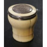 A silver mounted ivory snuff mull, English, dated 1748 the lid with a silver plaque engraved with