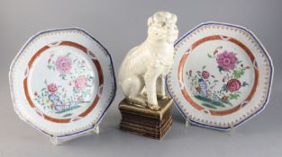 A pair of Chien Lung floral decorated plates 8.5in. and a pottery kylin, 9in.https://www.gorringes.