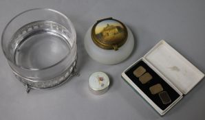 A silver and enamel pill box, a silver mounted glass dish, a pair of cufflinks and a French glass
