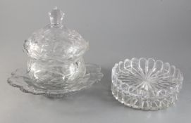 A cut glass circular lidded bowl on stand, early 20th century, and a pair of cut glass circular