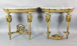 A pair of Louis XVI style giltwood pier tables, the semi-circular white marble tops with ribbon