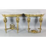 A pair of Louis XVI style giltwood pier tables, the semi-circular white marble tops with ribbon