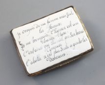 An enamel snuff box with gilt metal mounts, German, mid 18th century, painted with French verses