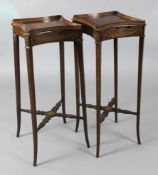 A pair of George III style mahogany and marquetry urn stands, circa 1900, 1ft, H. 2ft 6in.https://