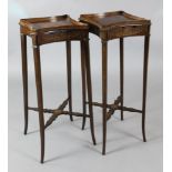 A pair of George III style mahogany and marquetry urn stands, circa 1900, 1ft, H. 2ft 6in.https://