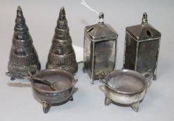 Three assorted pairs of Chinese white metal condiments, including conical form.