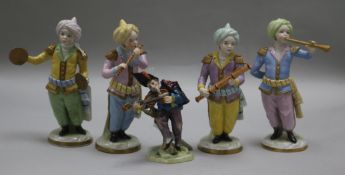 A Sitzendorf porcelain Turkish four-piece band, 5.75ins, and a 19th century Continental Commedia