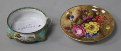 A Royal Worcester saucer dish, painted with flowers, and a South Staffordshire enamel salt, dish