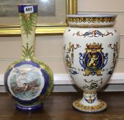 A Gien faience vase and a painted glass vase H.37cm