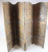 A Victorian four-fold embossed paper dressing screen, circa 1890, each panel 5ft 11in x 1ft 9in. and