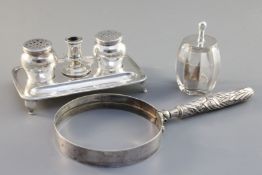 A late Victorian silver inkstand, Lambert & Co, London, 1897, a silver and glass paste pot and a