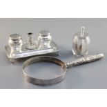 A late Victorian silver inkstand, Lambert & Co, London, 1897, a silver and glass paste pot and a